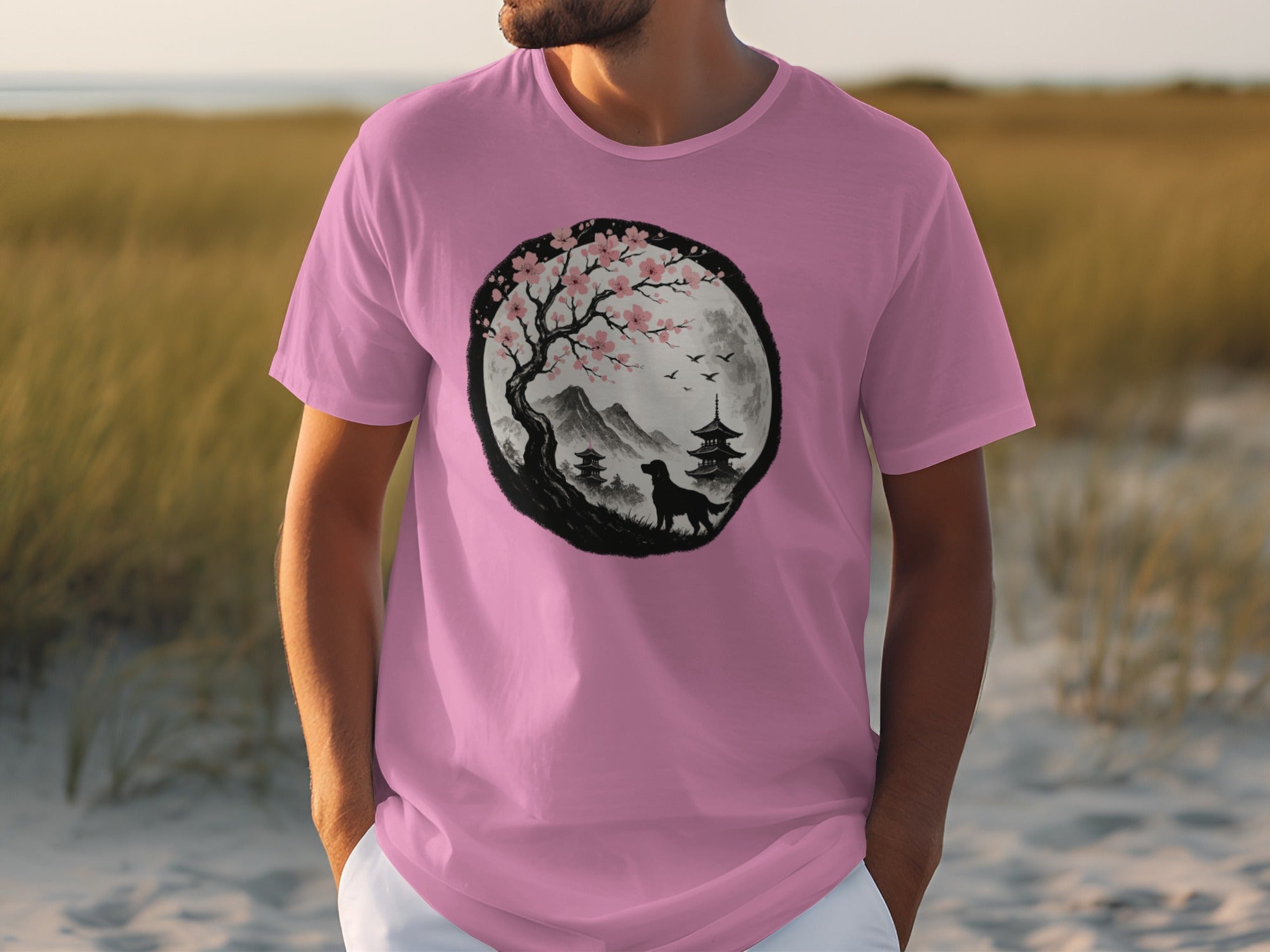 Pink T-Shirt with Sunset Zen Garden and Wolf Design