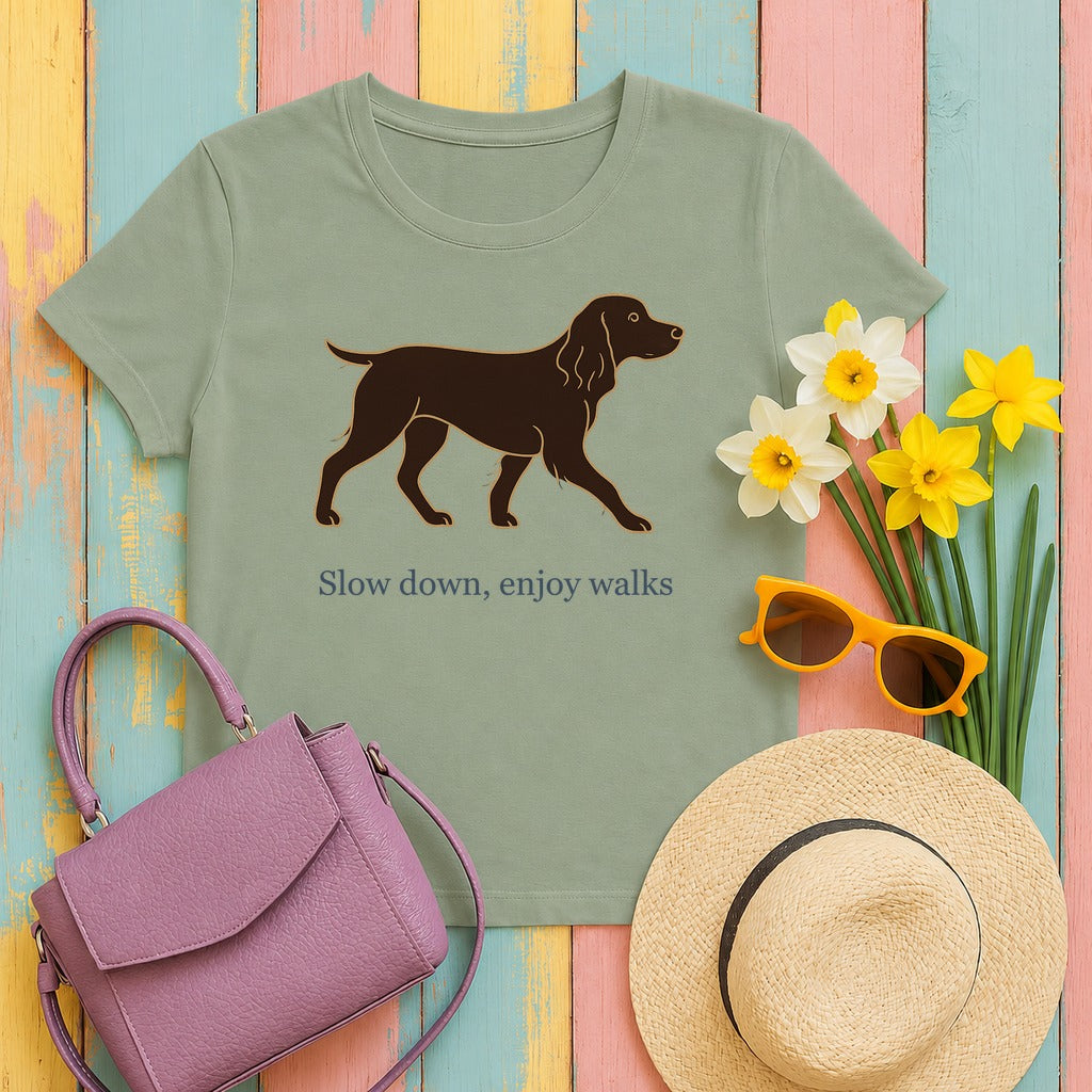 Boykin Spaniel Slow Down Enjoy Walks T-shirt in Sage