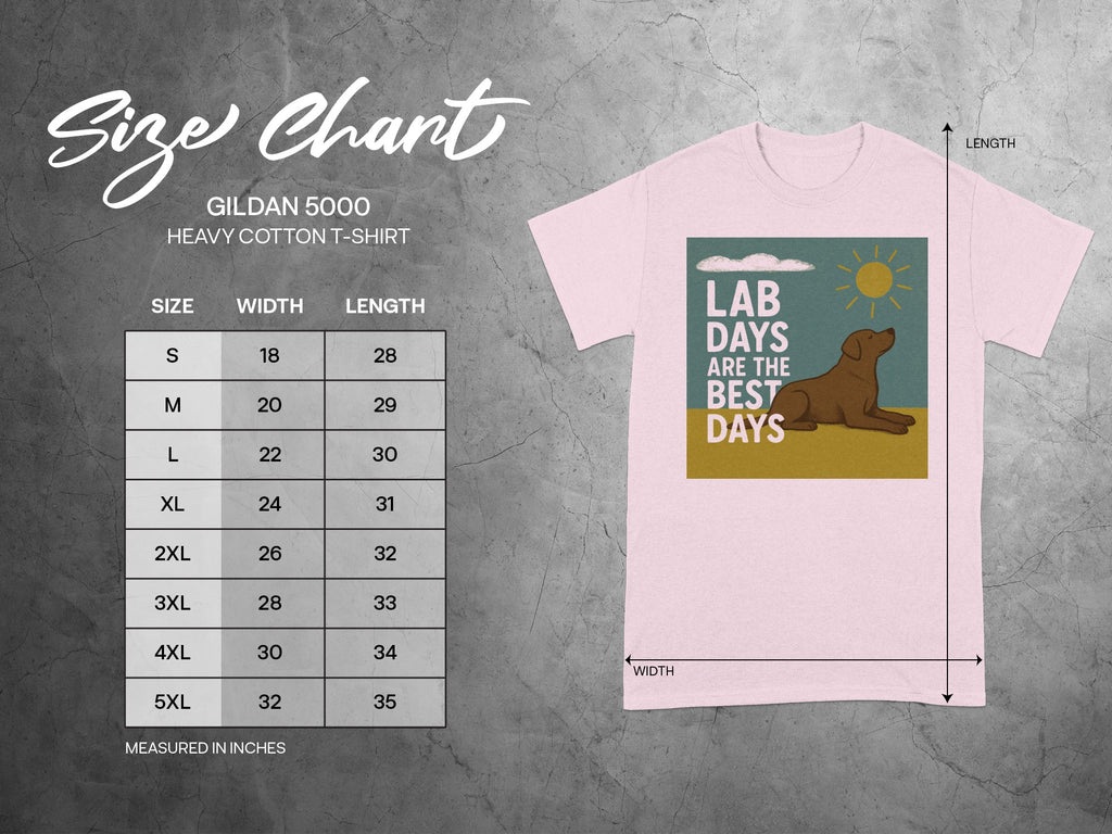 Size chart for Gildan 5000 Heavy Cotton T-Shirt with a dog graphic.