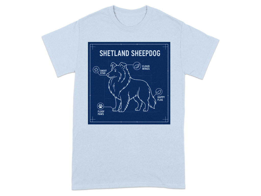 Blueprint illustration of a Shetland Sheepdog with labeled anatomical features.