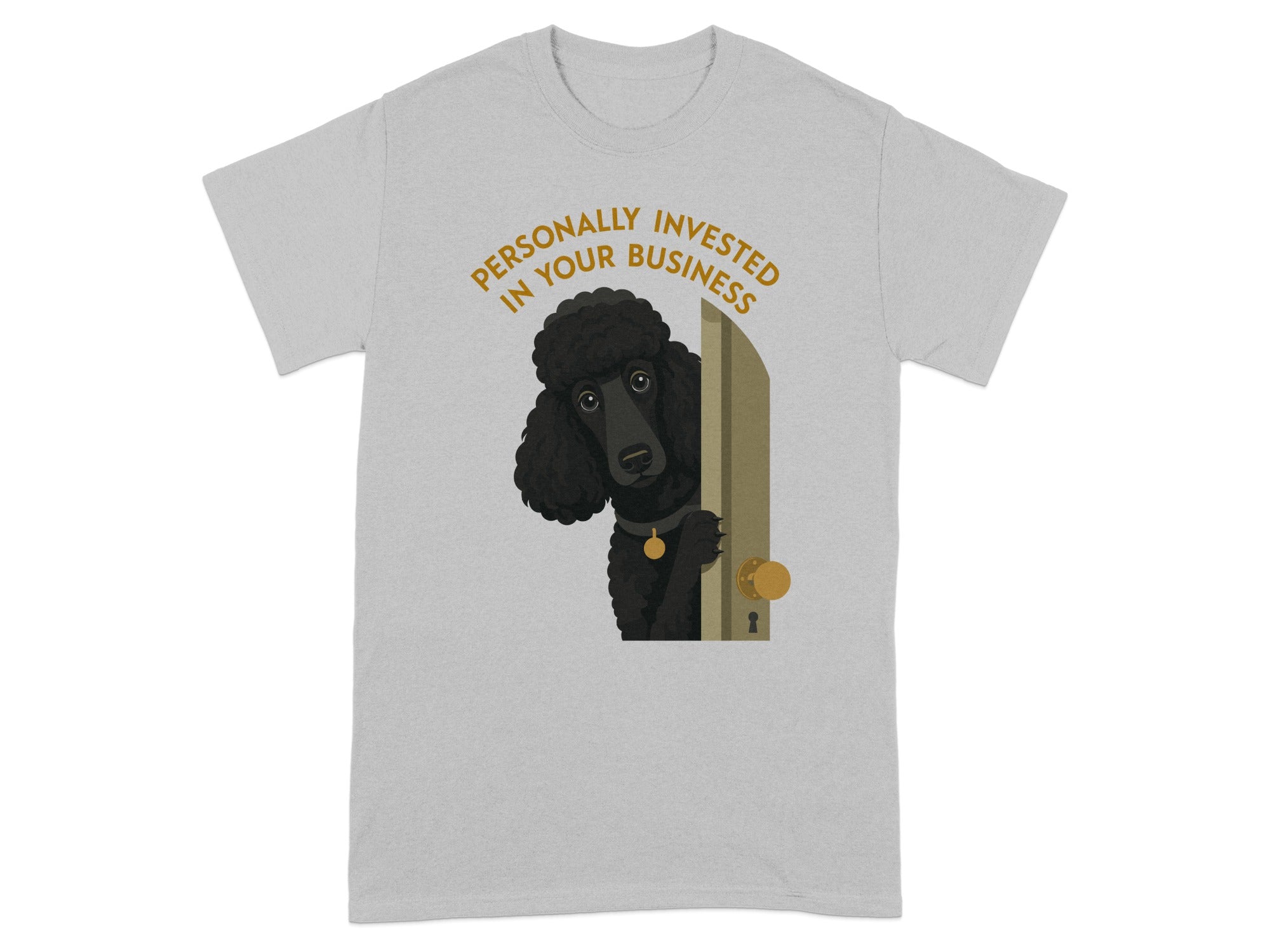 Black poodle peeking through an open door with text "Personally Invested In Your Business".