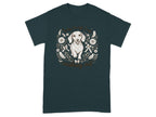 T-shirt with a dachshund illustration surrounded by flowers, feathers, and text that says "Sorry I'm late I was crashing out."