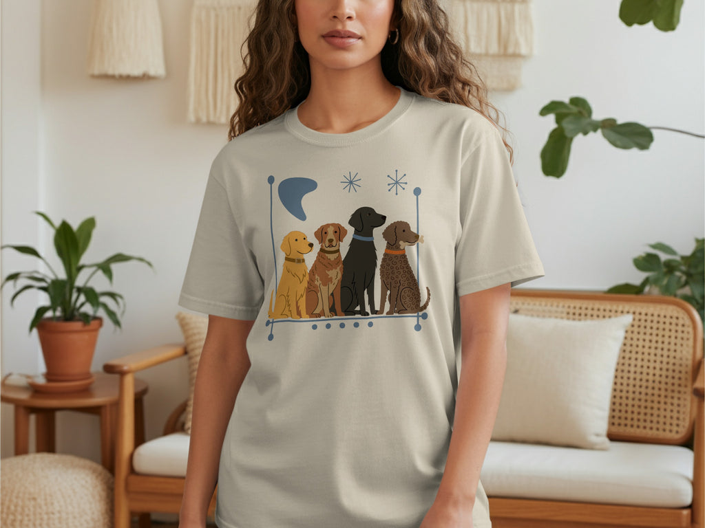 Light beige t-shirt with four cartoon dogs sitting in a row.