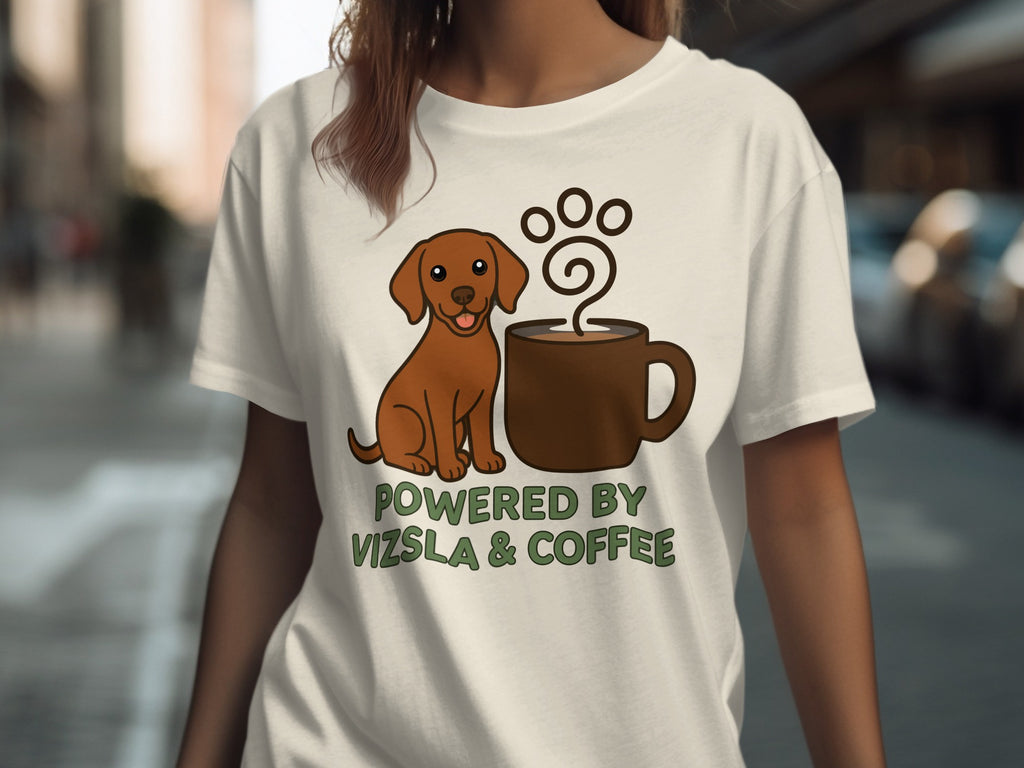 Brown Vizsla dog next to coffee cup with text "POWERED BY VIZSLA & COFFEE".