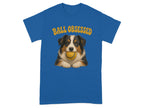 Blue t-shirt with Australian Shepherd holding a tennis ball and "BALL OBSESSED" text.
