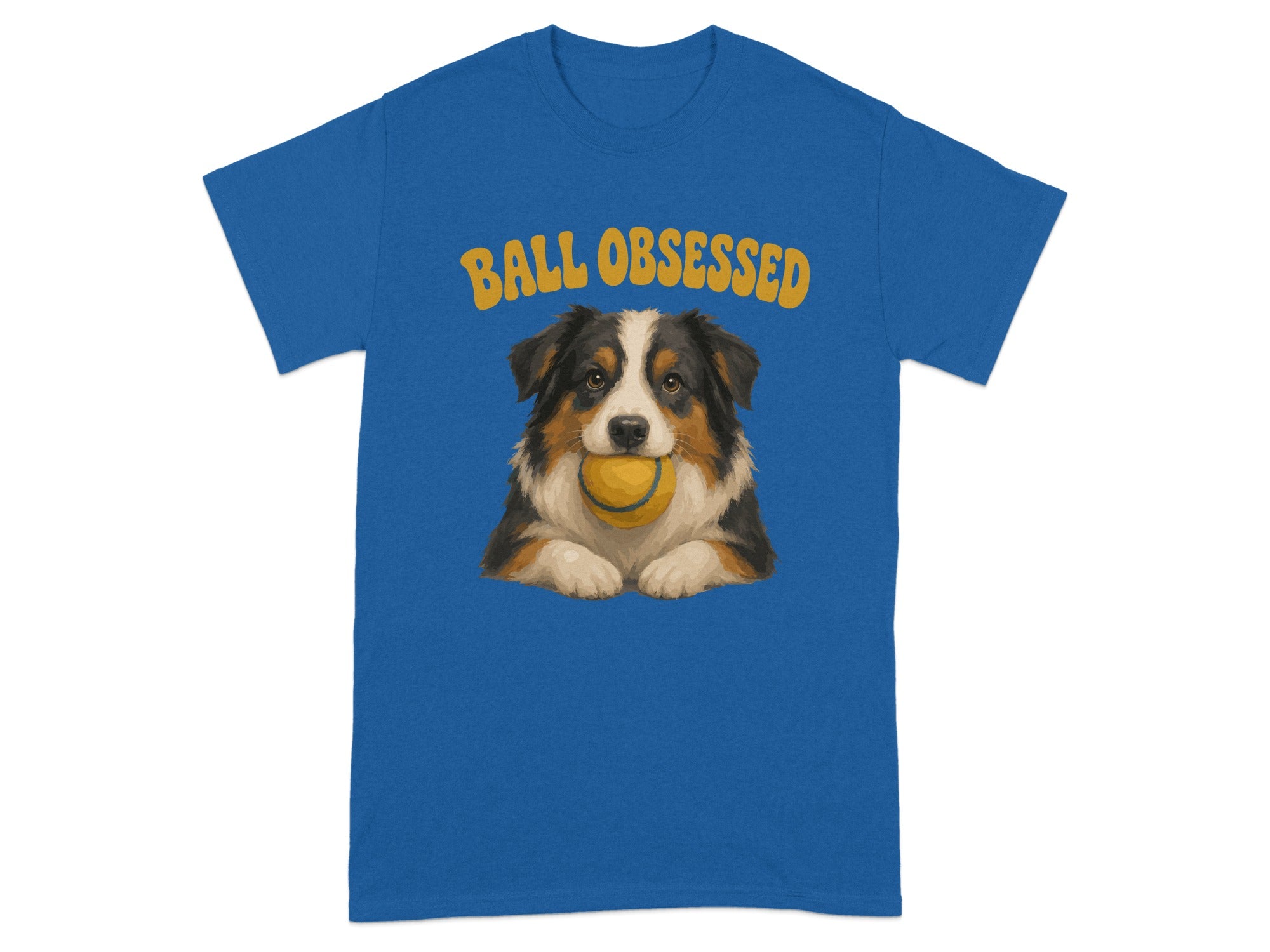 Blue t-shirt with Australian Shepherd holding a tennis ball and "BALL OBSESSED" text.