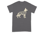 Grey t-shirt with a cream silhouette of a German Shepherd dog with the word "SHEPHERD" inside.