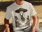 Dog being abducted by a UFO in a desert landscape.