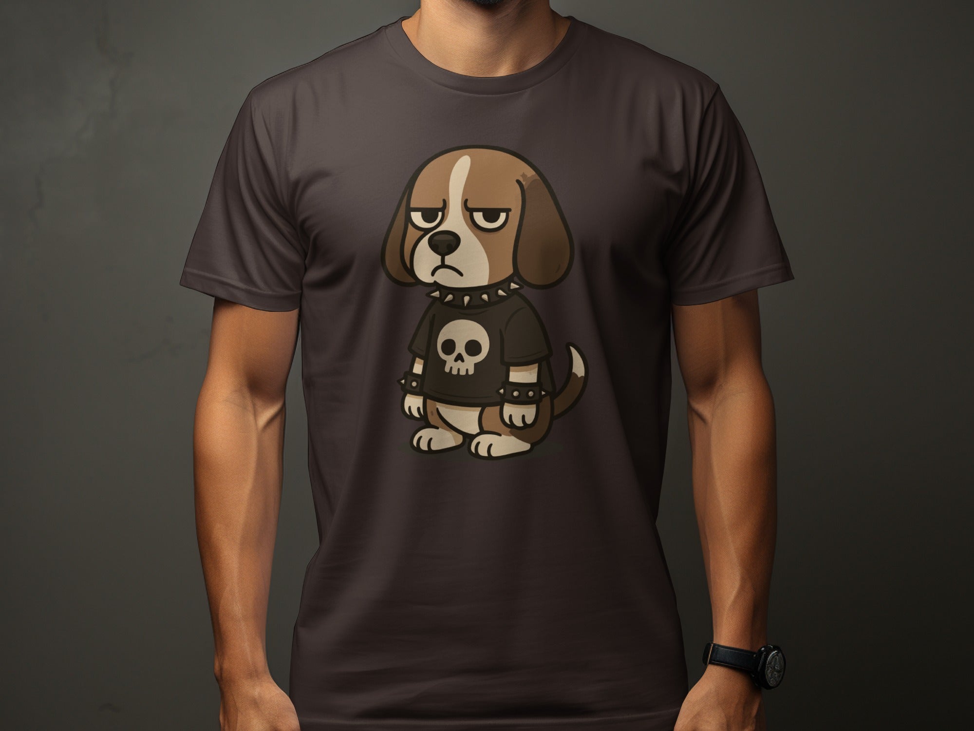 Grumpy Cartoon Dog in Skull Shirt Graphic Tee