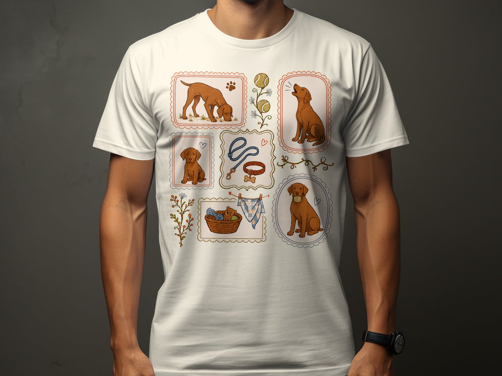T-shirt with framed illustrations of dogs, a leash, toys, and a basket.