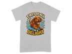 Brown dog with "First of all, I'm a delight" text, splashing water.