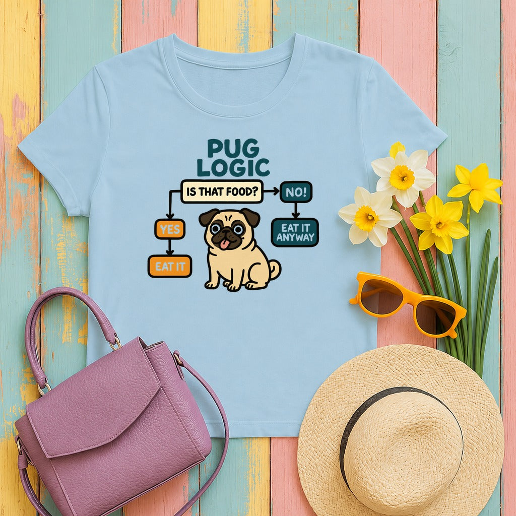 Pug Logic Flowchart Humor T-Shirt in Light Blue
