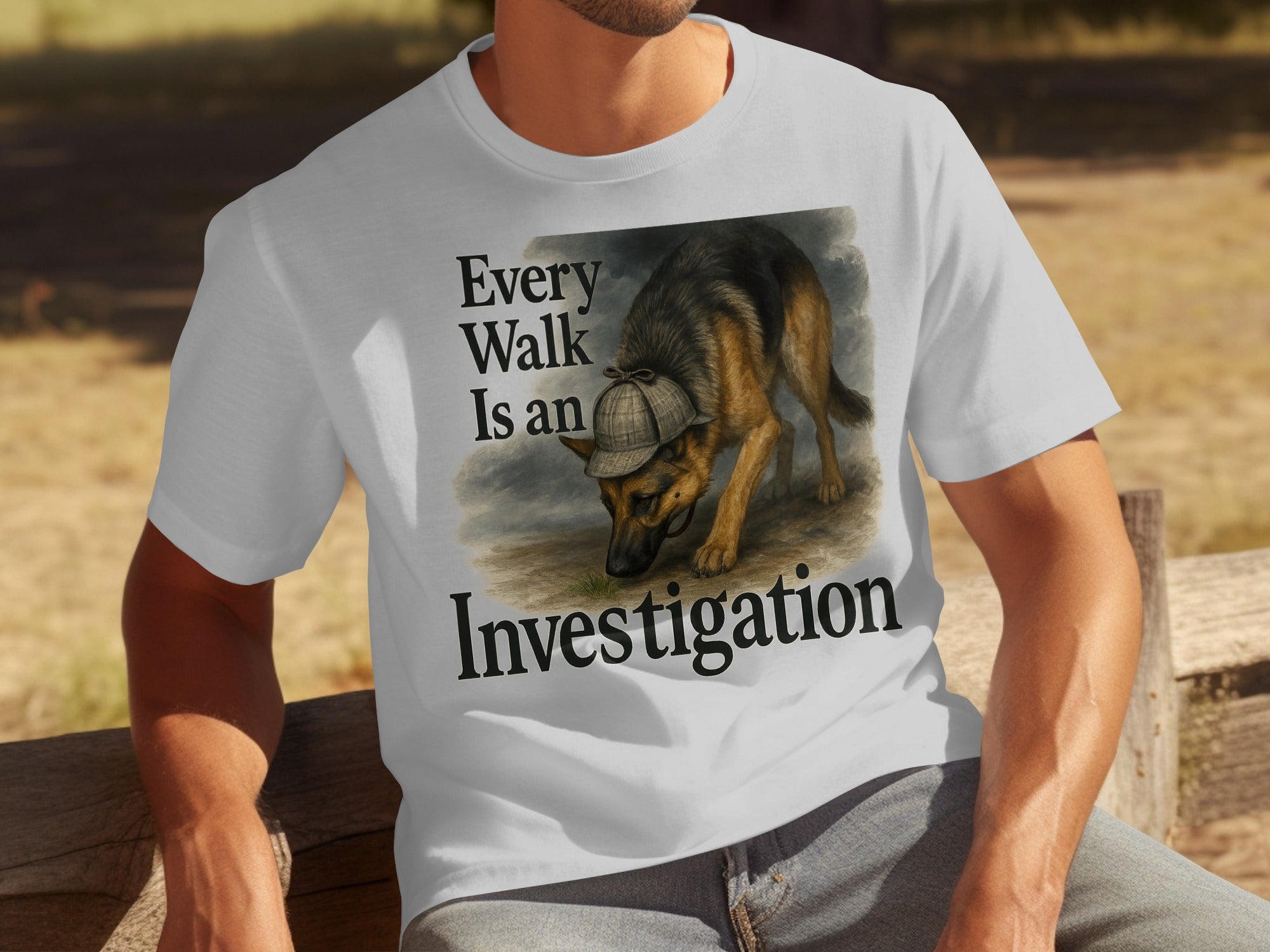 White t-shirt with German Shepherd wearing a detective hat, text: Every Walk Is an Investigation.