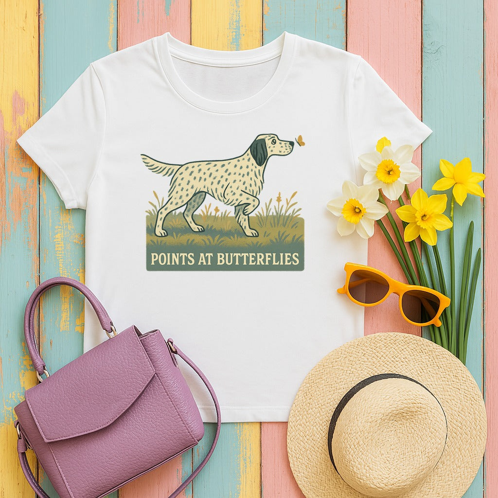 English Setter Points at Butterflies Tee in White