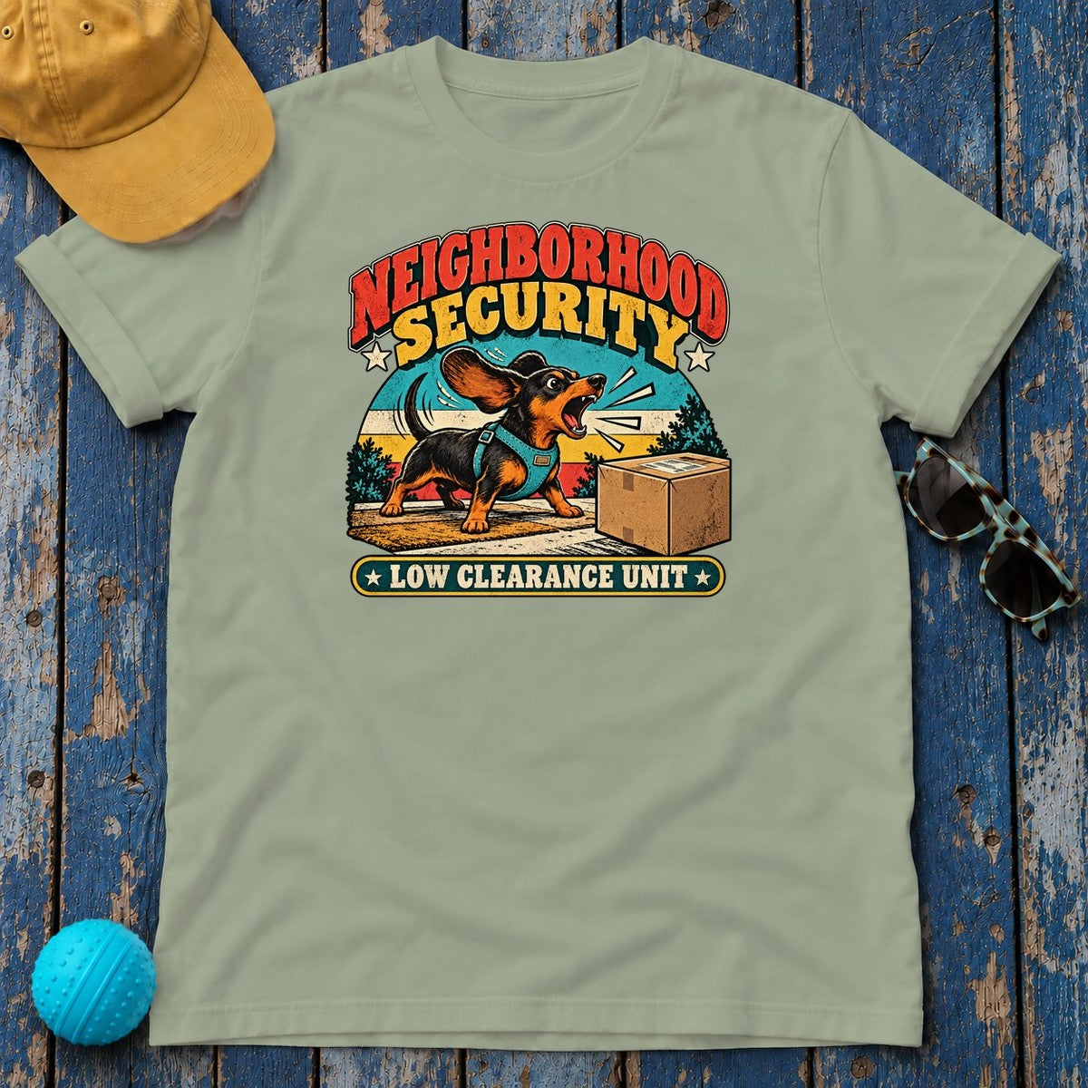 Neighborhood Security Low Clearance Unit Dachshund T-Shirt in Sage - flat lay