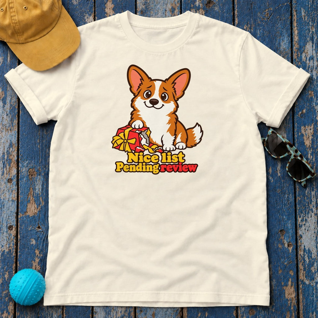 Nice List Pending Review Corgi T-Shirt — Natural
