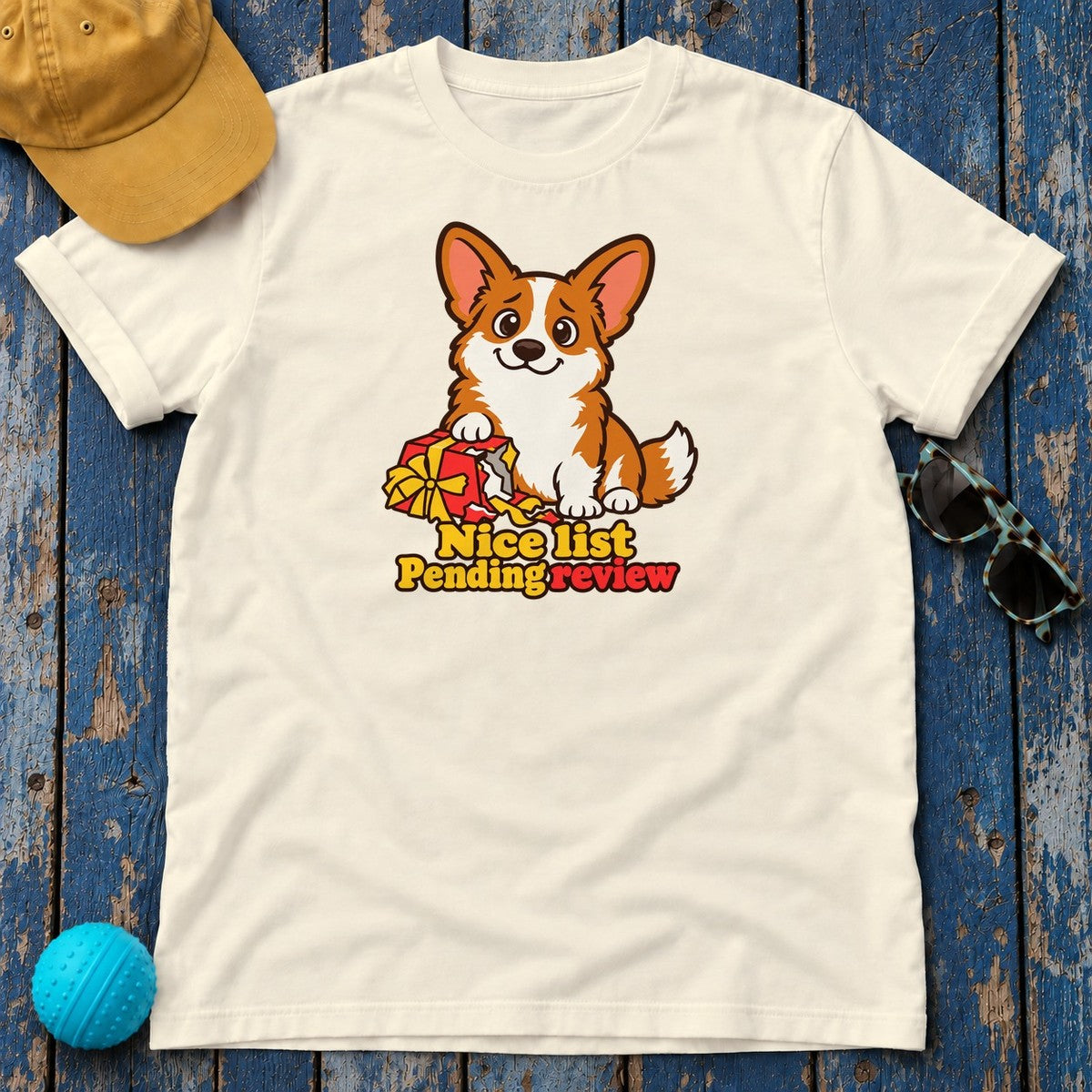 Nice List Pending Review Corgi T-Shirt — Natural