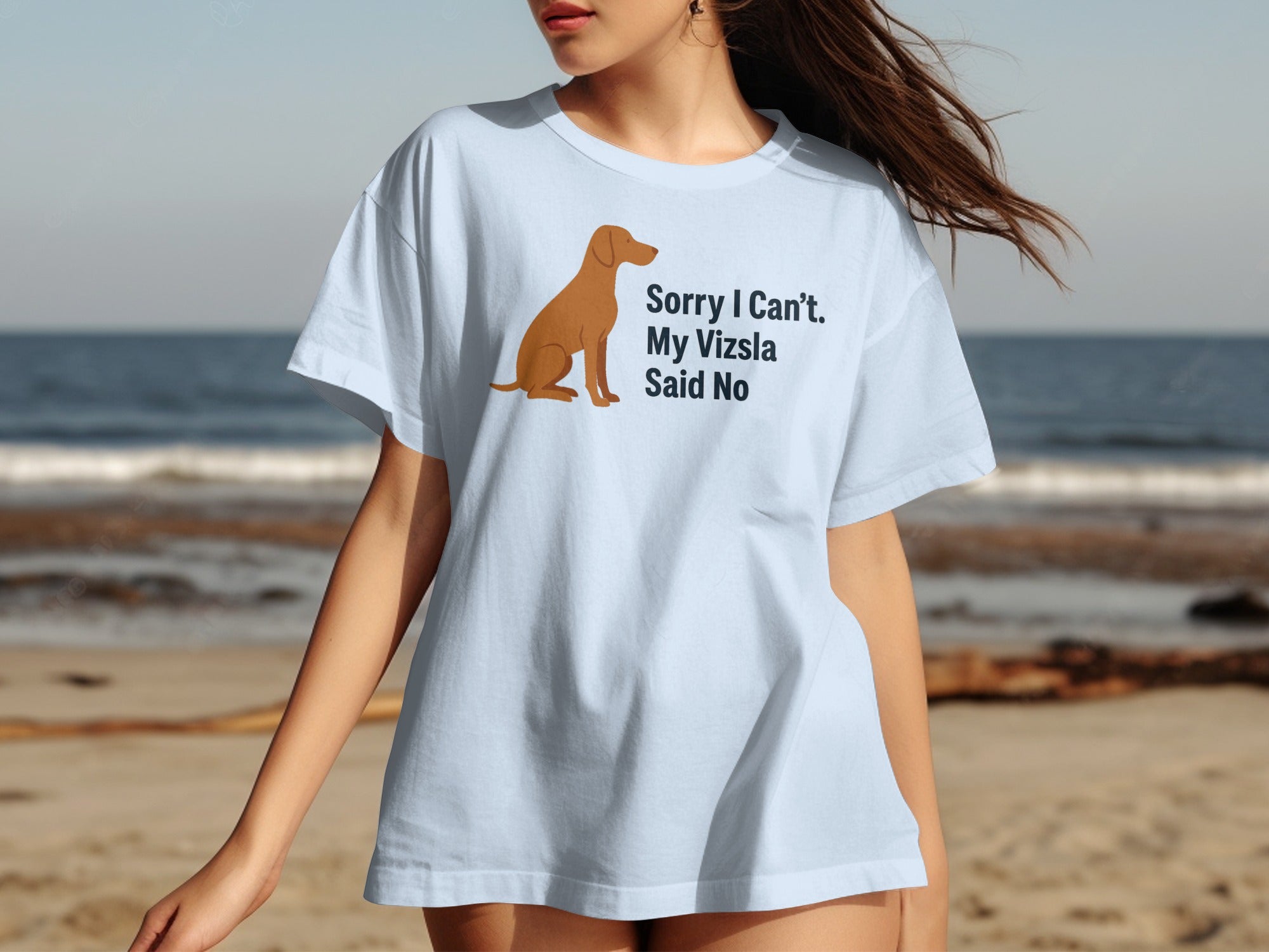 Light blue t-shirt with a Vizsla dog graphic and text: "Sorry I Can't. My Vizsla Said No"