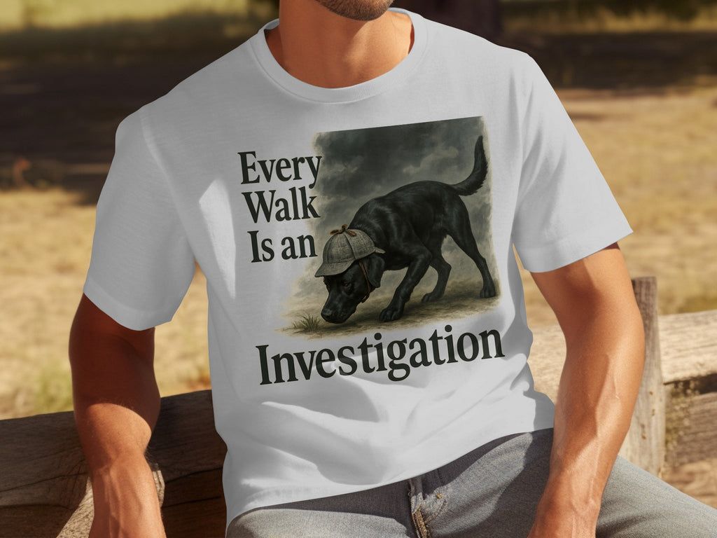 White t-shirt graphic of a black dog wearing a deerstalker hat with text "Every Walk Is an Investigation".