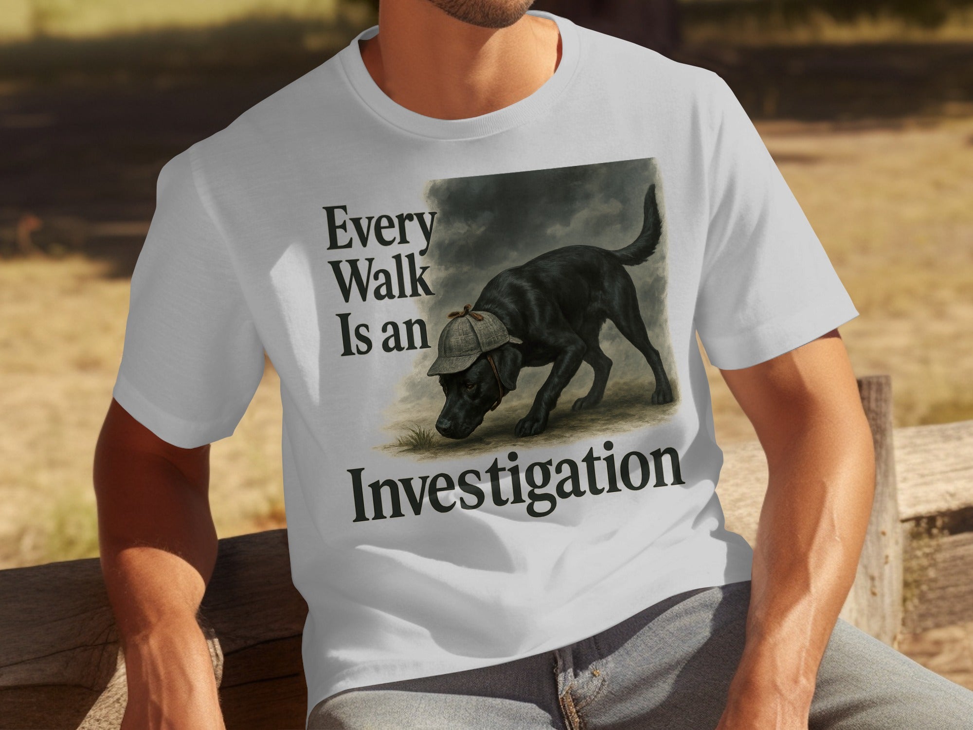 White t-shirt graphic of a black dog wearing a deerstalker hat with text "Every Walk Is an Investigation".