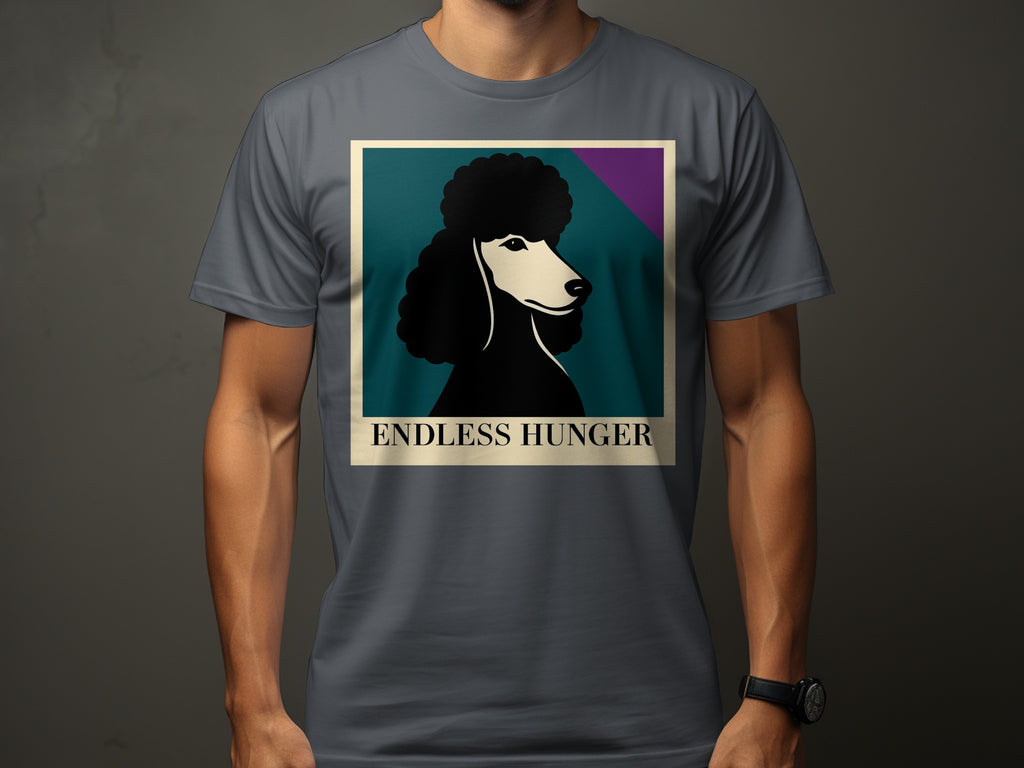Gray t-shirt featuring a black poodle portrait with text "ENDLESS HUNGER".