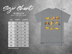 Size chart for Gildan 5000 heavy cotton t-shirts with dog illustrations.