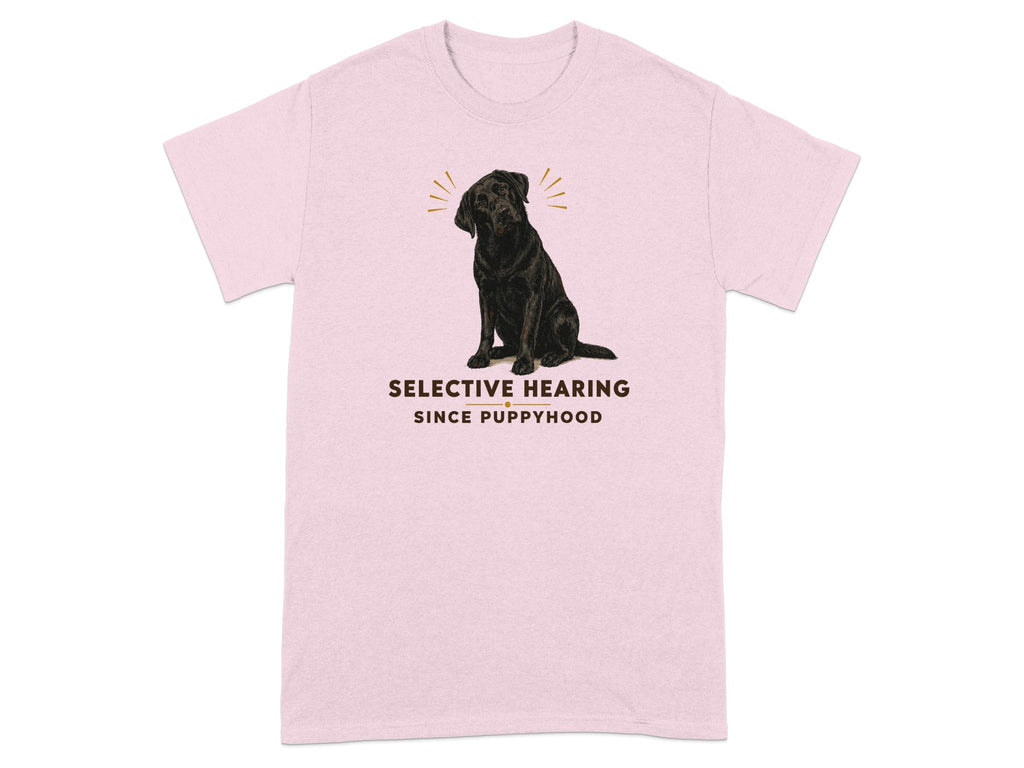 Light pink t-shirt with a black Labrador and the text "Selective Hearing Since Puppyhood".