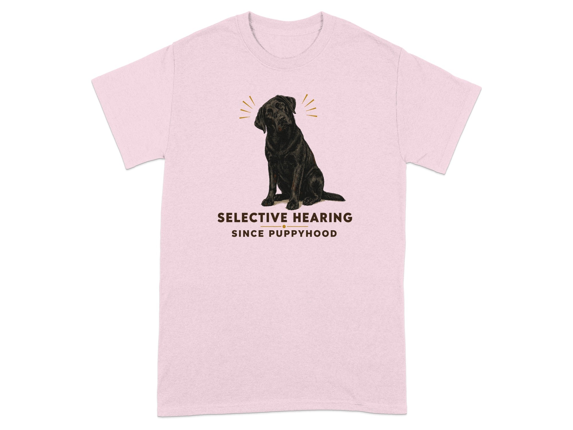 Light pink t-shirt with a black Labrador and the text "Selective Hearing Since Puppyhood".