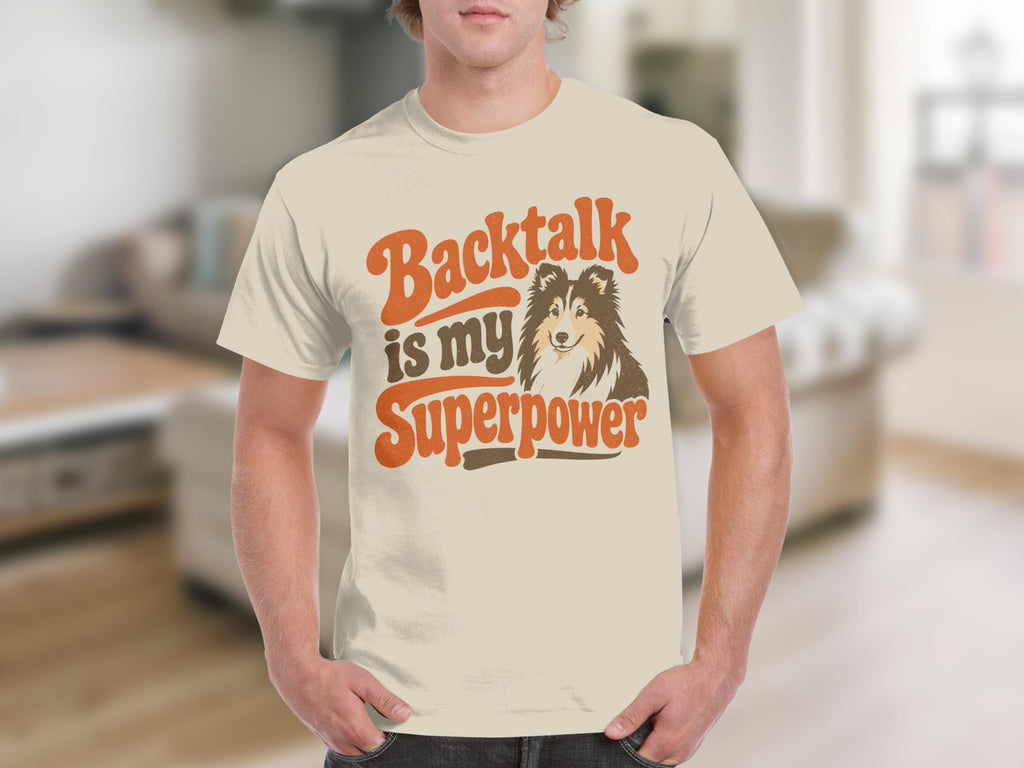 Cream t-shirt with "Backtalk is my Superpower" and dog graphic.