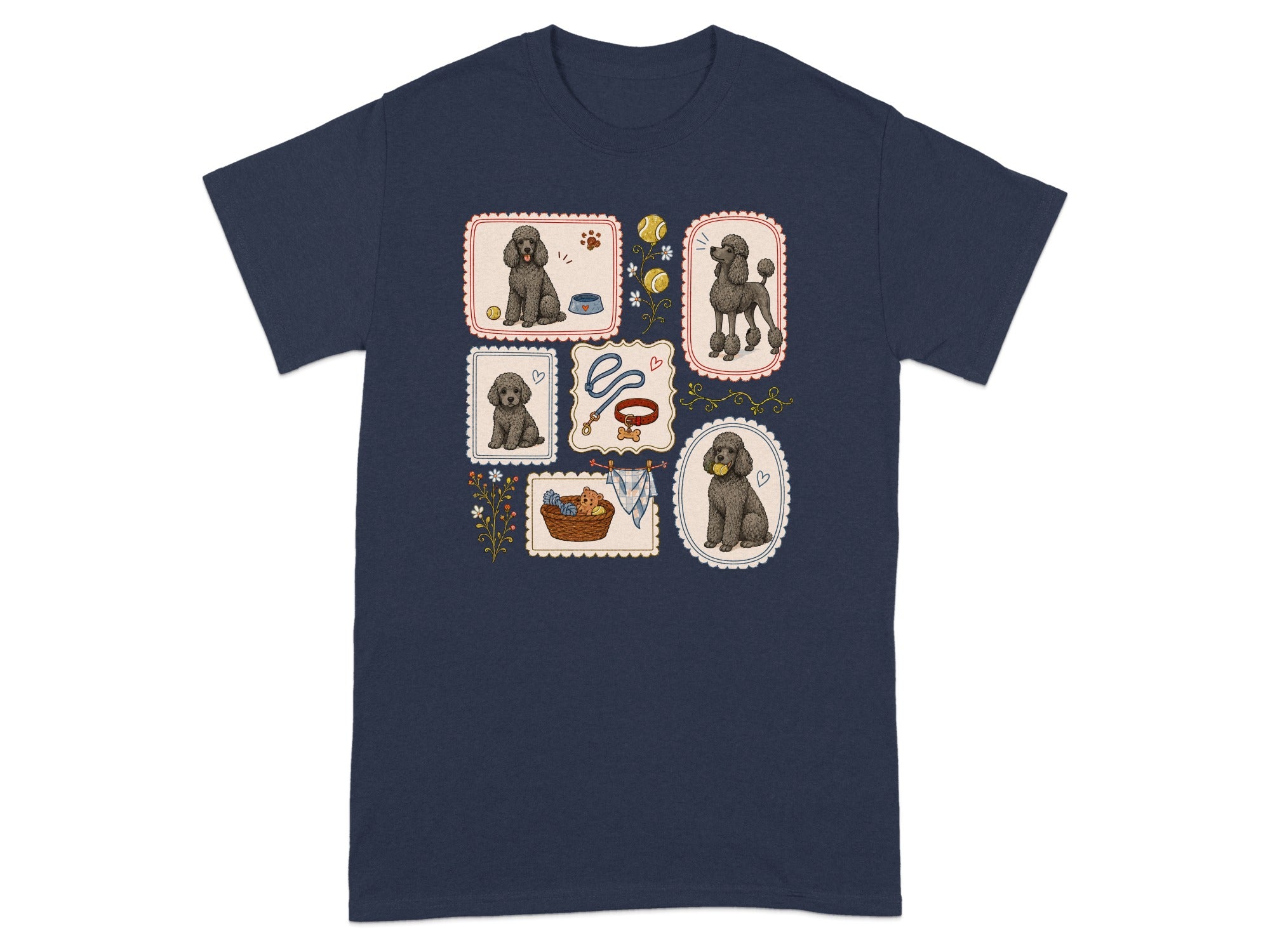 Navy t-shirt with framed illustrations of poodles, yarn, and dog toys.