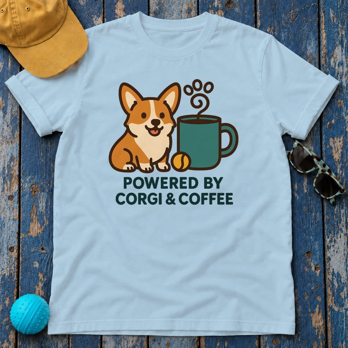 Corgi & Coffee Powered Whimsical T-Shirt in Light Blue