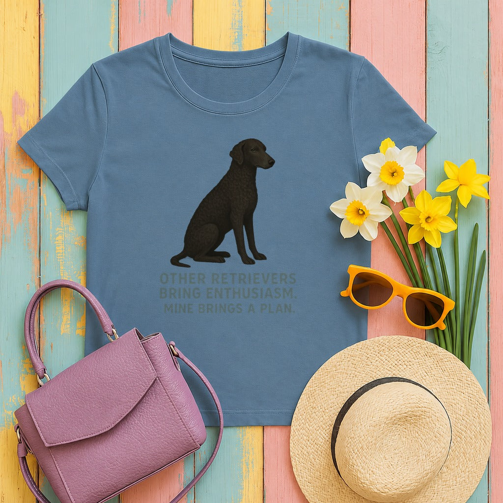 Curly-Coated Retriever brings a plan tee flat lay