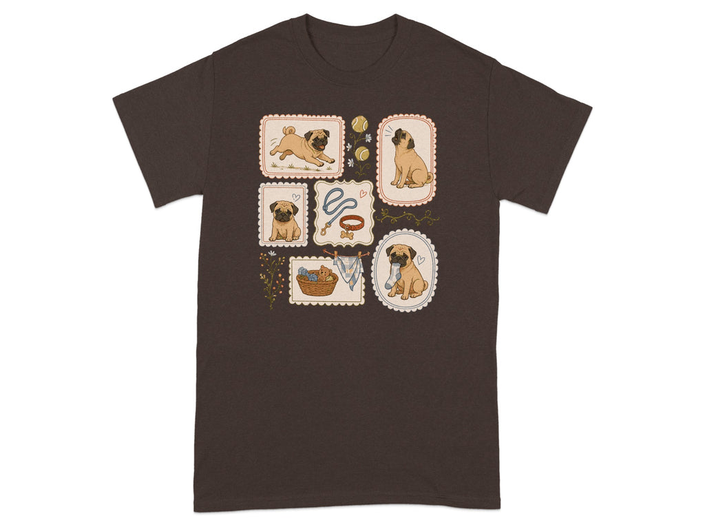 T-shirt with four framed illustrations of pugs and dog-related items.