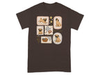T-shirt with four framed illustrations of pugs and dog-related items.