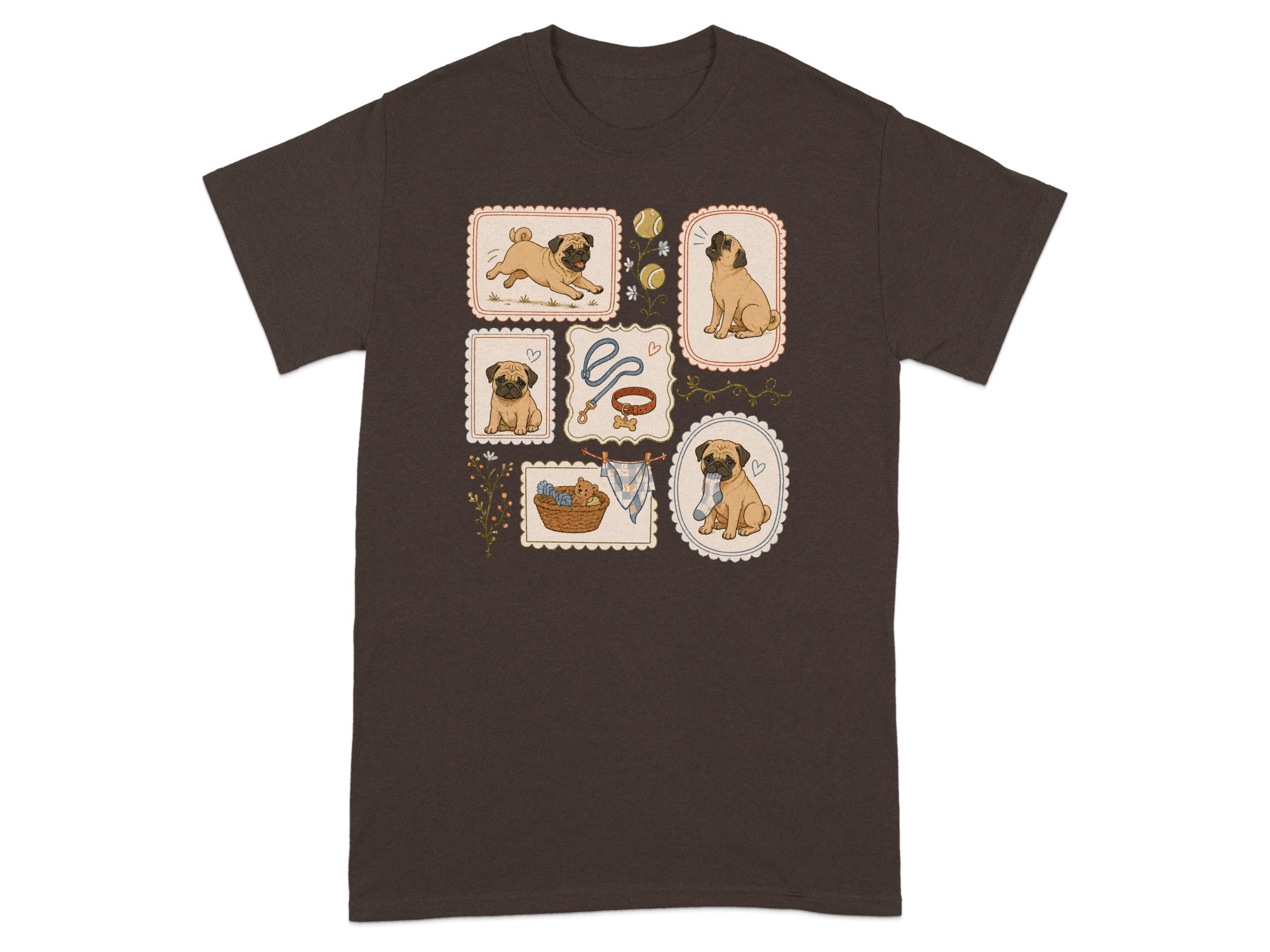 T-shirt with four framed illustrations of pugs and dog-related items.
