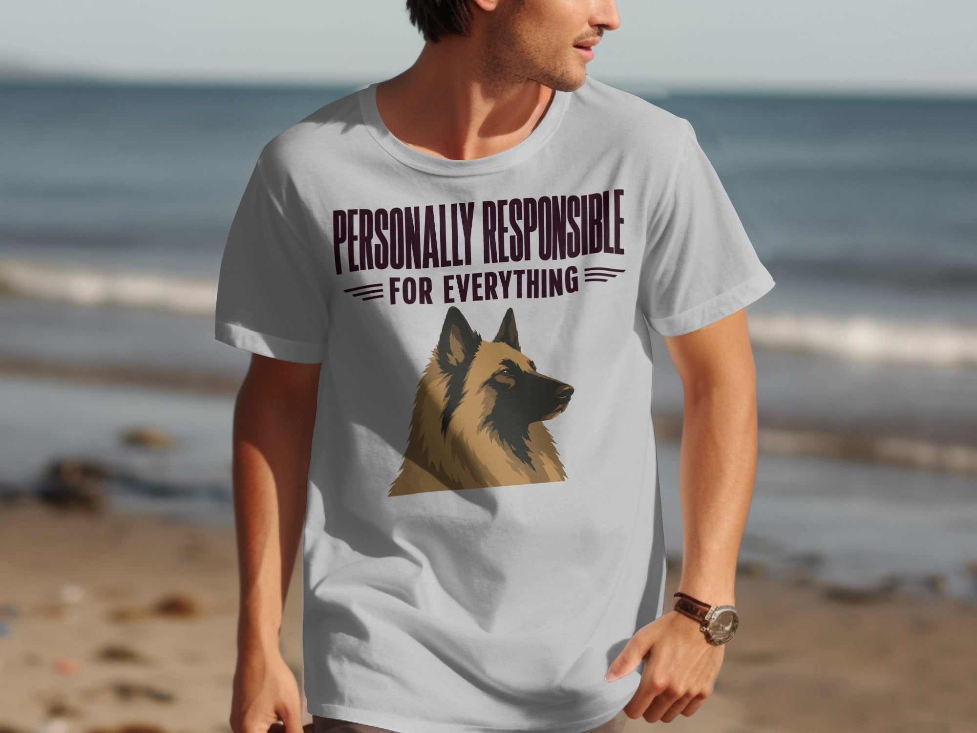 Man wearing grey t-shirt with "PERSONALLY RESPONSIBLE FOR EVERYTHING" and dog graphic.