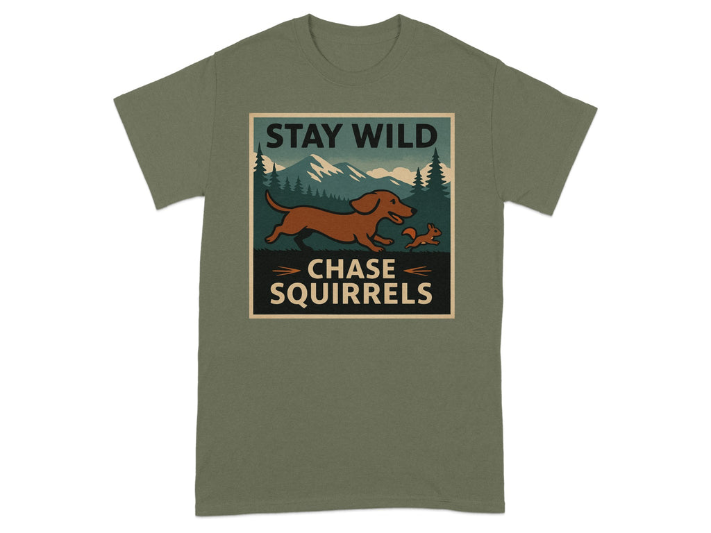 Green t-shirt with a graphic of a dachshund chasing a squirrel.