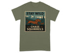 Green t-shirt with a graphic of a dachshund chasing a squirrel.