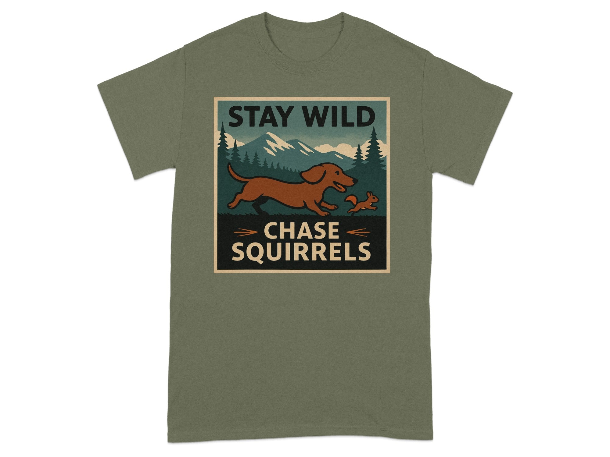 Green t-shirt with a graphic of a dachshund chasing a squirrel.