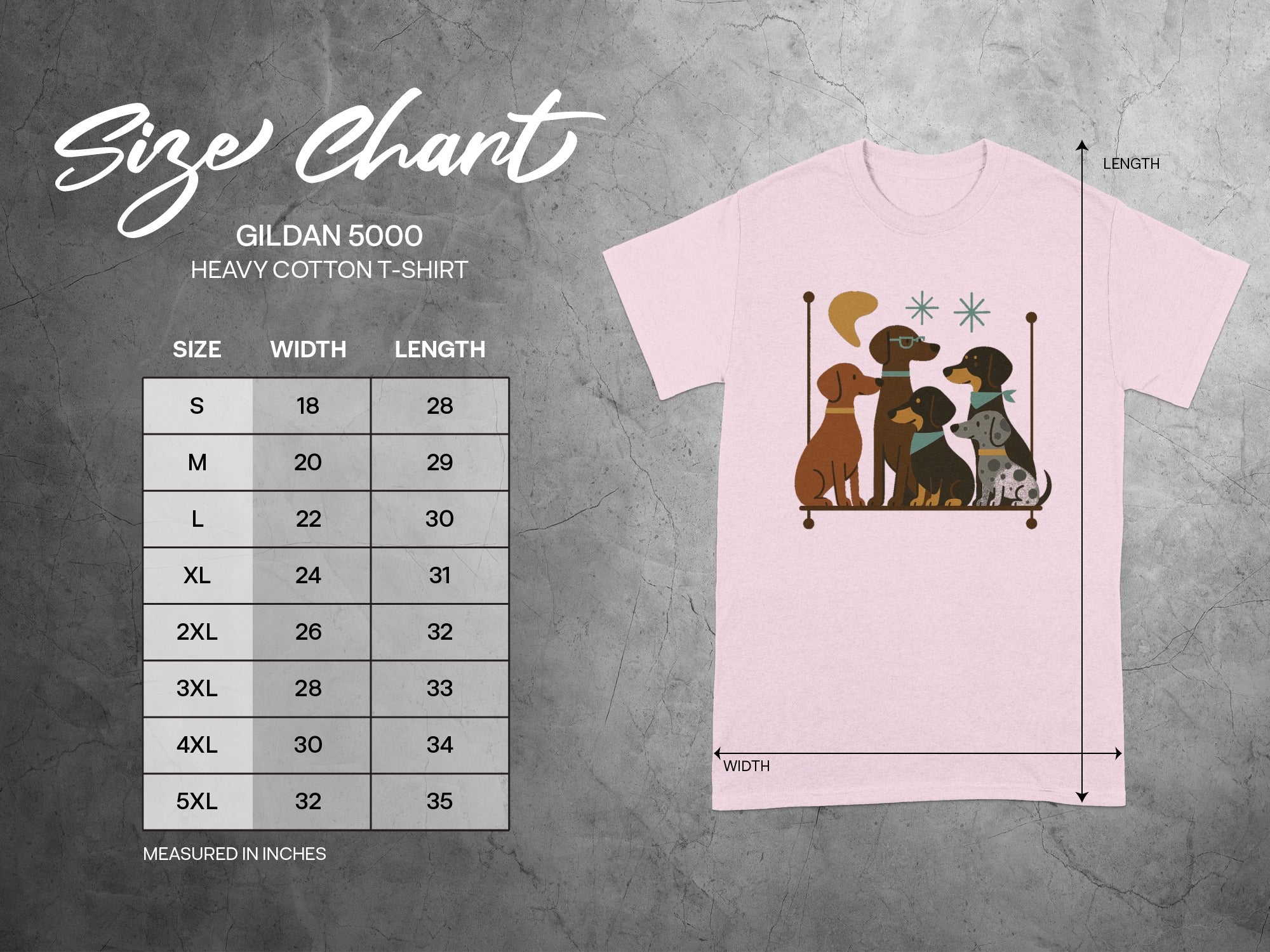 Gildan 5000 size chart for heavy cotton t-shirt with dog graphic.