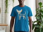 Blue t-shirt with beige chihuahua graphic containing the word "Chihuahua".