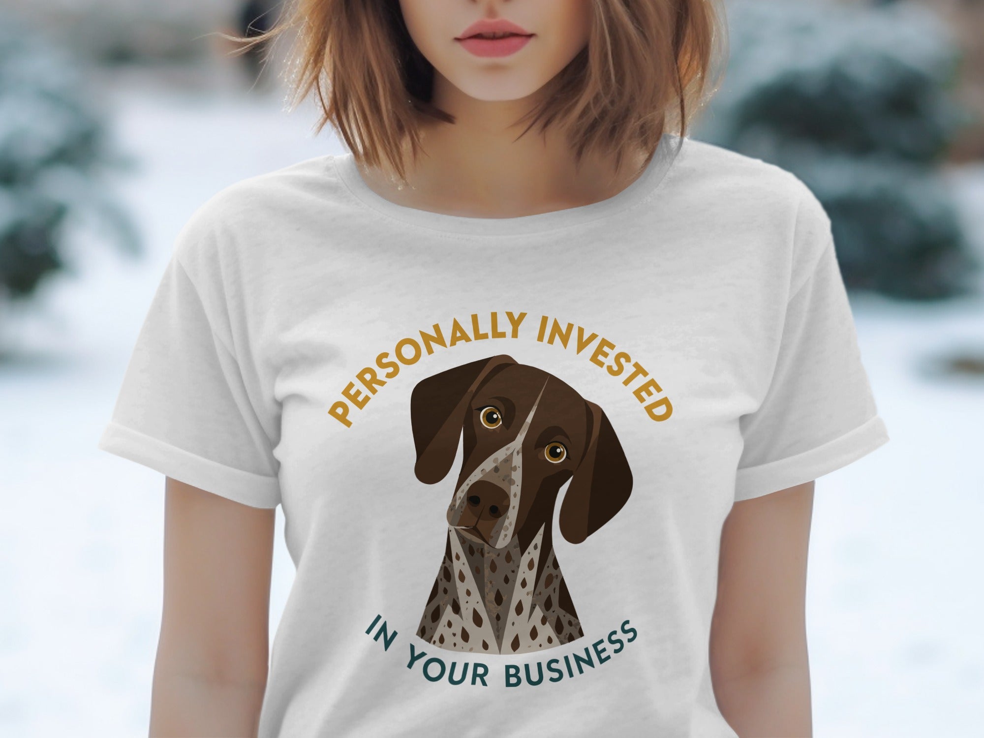 German Shorthaired Pointer wearing a collar, on a t-shirt with text.