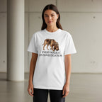 White t-shirt with a dog wearing a detective hat and the text "Every walk is an investigation".