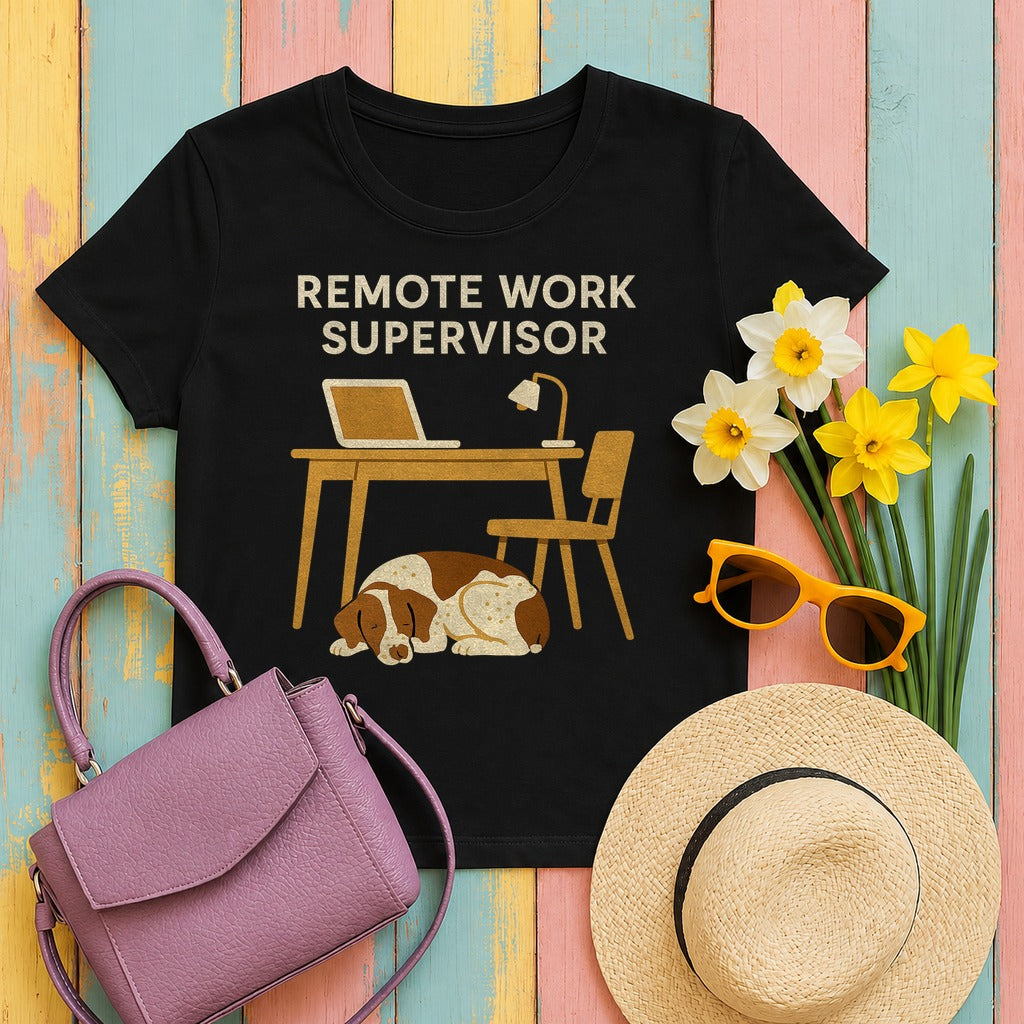 Brittany Spaniel Remote Work Supervisor T-shirt in Black