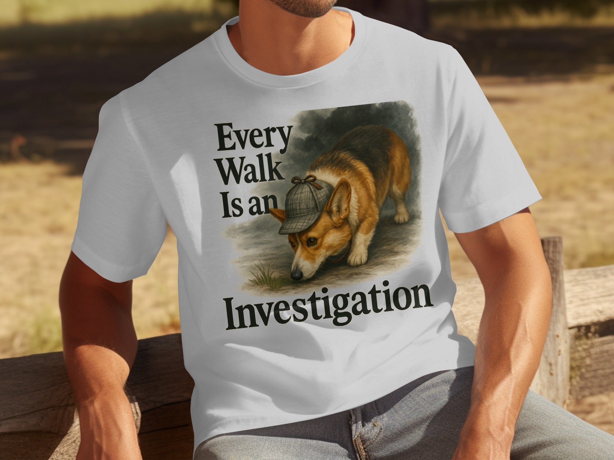 White t-shirt with a corgi wearing a detective hat and the text "Every Walk Is an Investigation."