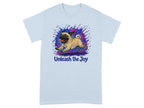 Light blue t-shirt with a happy pug running and the text "Unleash the Joy".