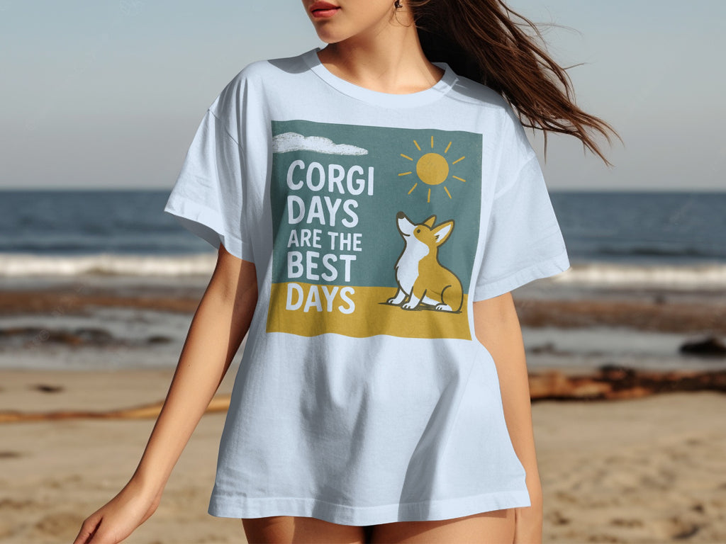 T-shirt graphic with a corgi, sun, and text "Corgi Days Are The Best Days".