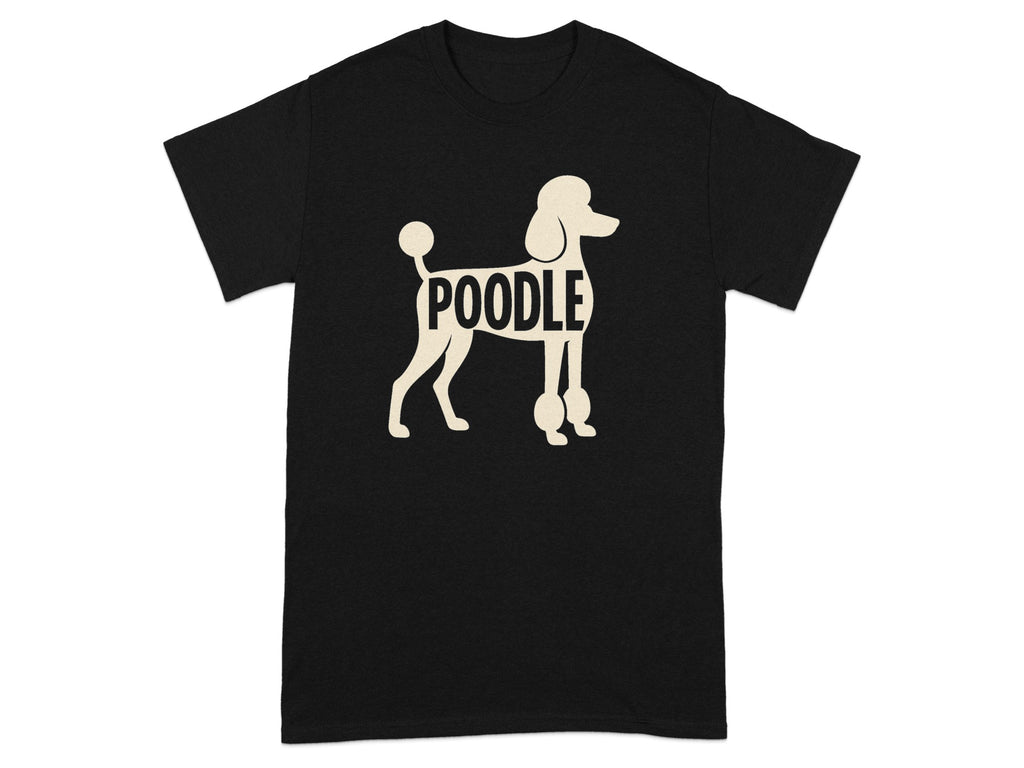 Black t-shirt with a cream-colored poodle graphic and the word "Poodle"