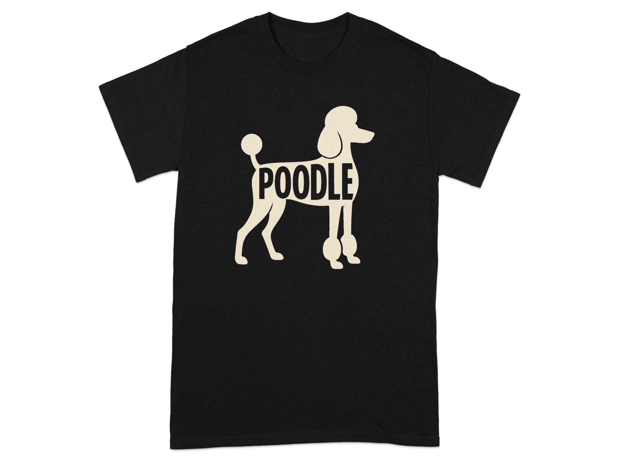 Black t-shirt with a cream-colored poodle graphic and the word "Poodle"