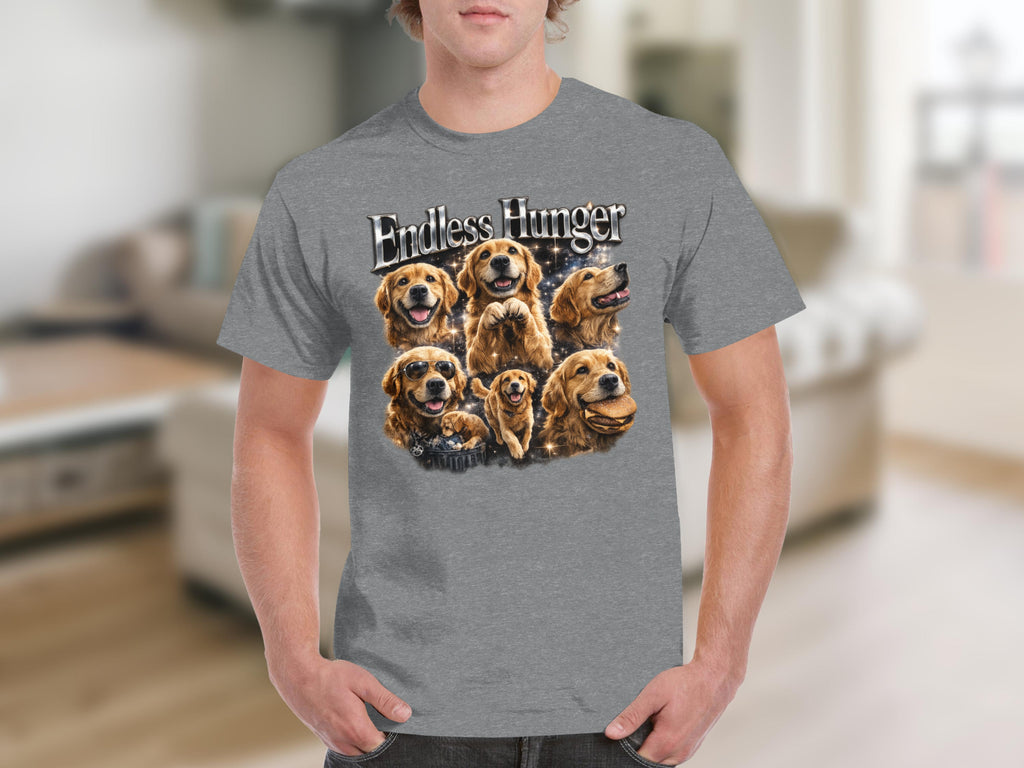 Graphic tee with "Endless Hunger" text and multiple golden retrievers, one with a hamburger.